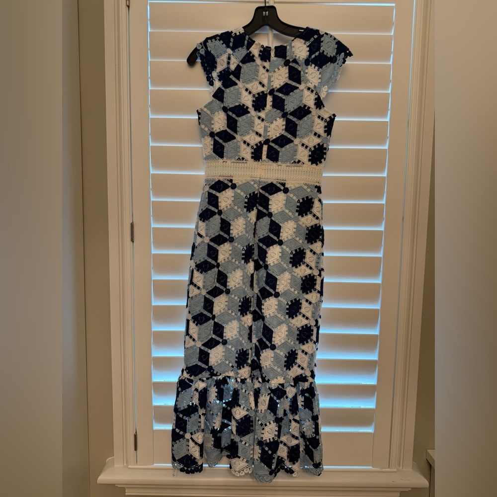 Shoshanna Blue and White Geometric Midi Dress